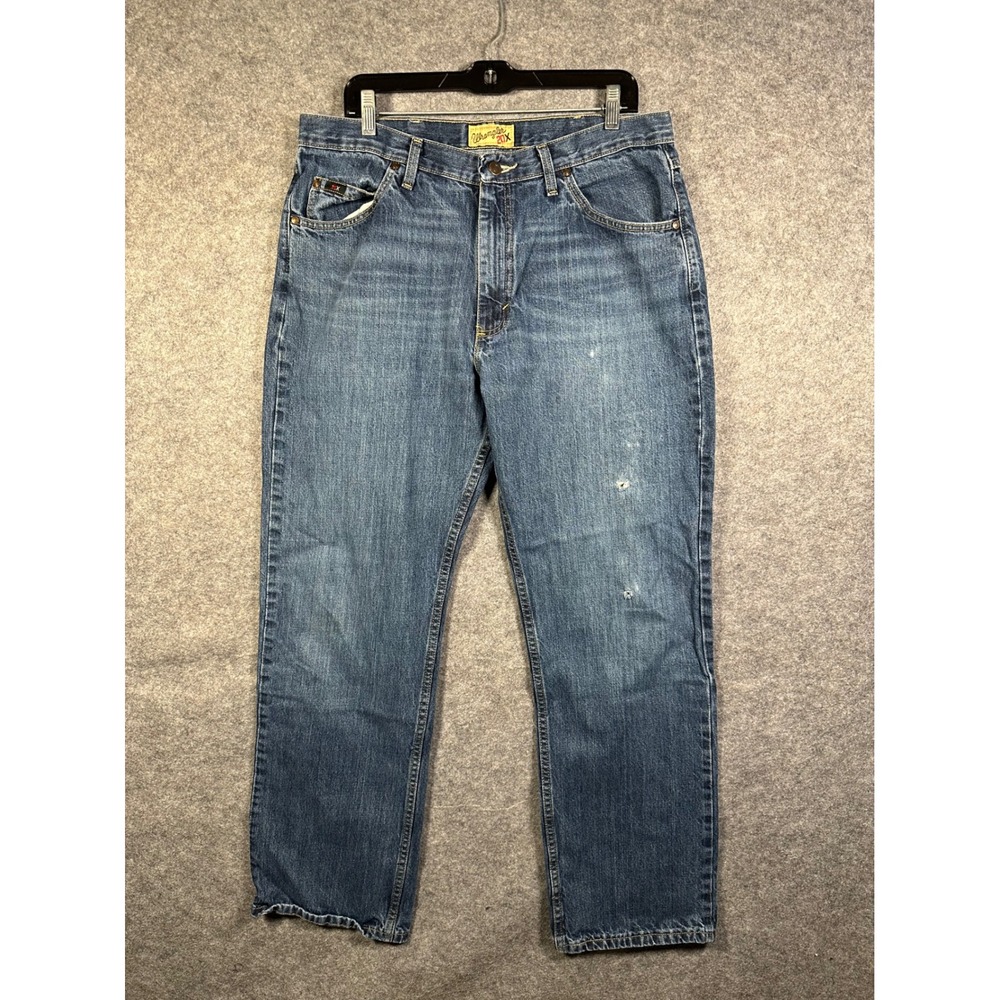 Wrangler 20X Mens 35x32 Blue Denim Relaxed Straight Leg Jeans 01MWXDB Distressed